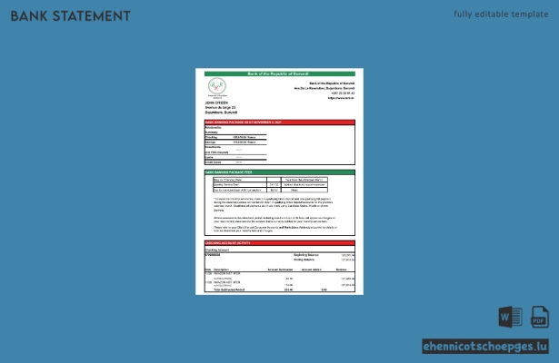 Beispiel-Excel-Vorschau eines Kontoauszugs der Bank von Burundi (Republik Burundi)